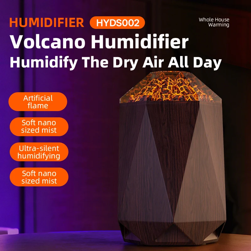 Volcano Humidifier Warm Glowing Night Light with Artificial Flame Effect, Ultra-Silent Nano-Mist (35ml/h) for Dry Air Humidifica