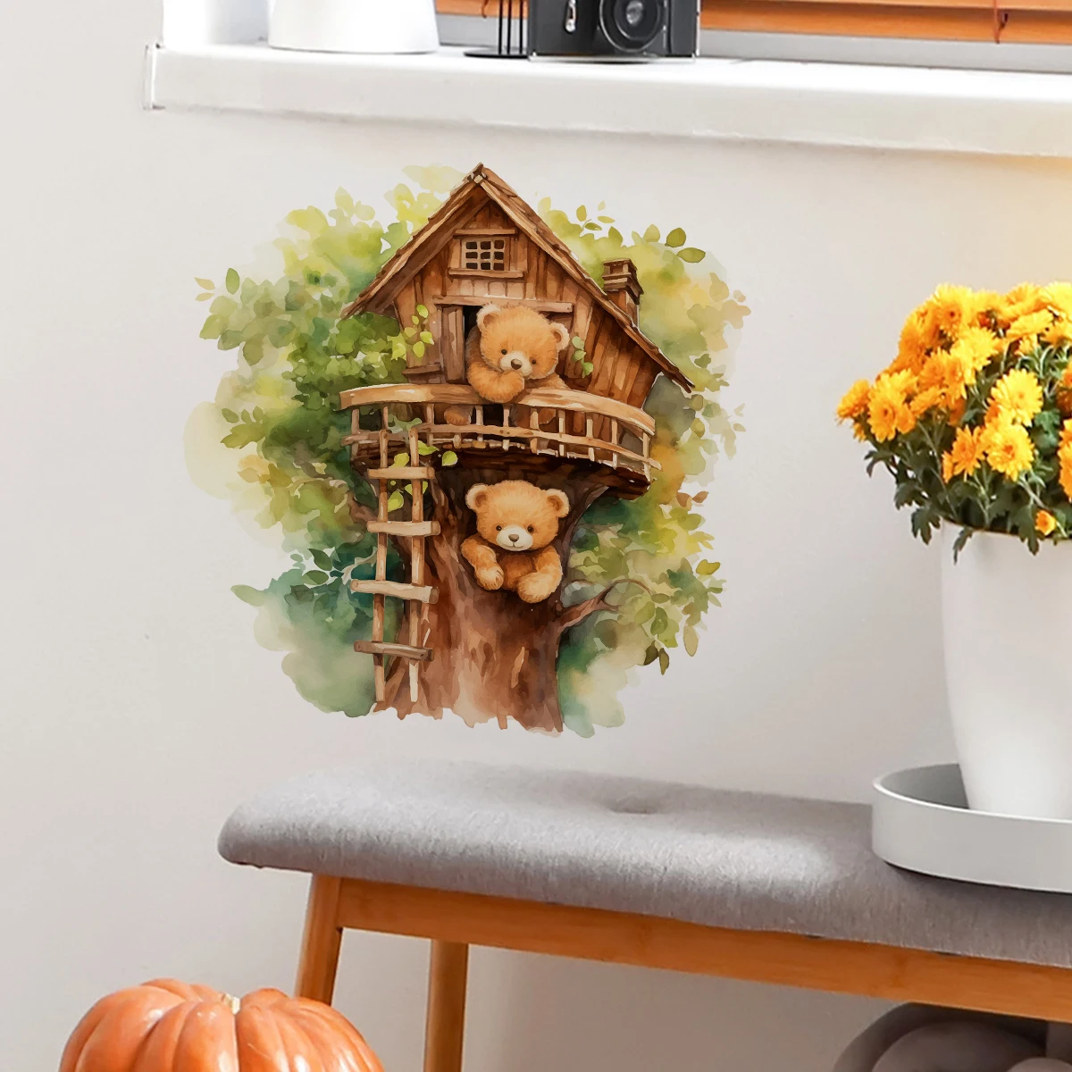 Cute Cartoon Bear Tree House Wall Stickers for Kids Room Bedroom Living Room Home Decoration Wall Decal