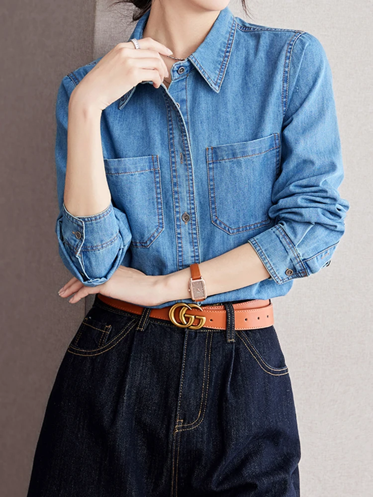 Vintage Washed Denim Shirt Women 2024 New Fashion Commuting Loose Long Sleeve Button Shirts Casual Versatile Blouses