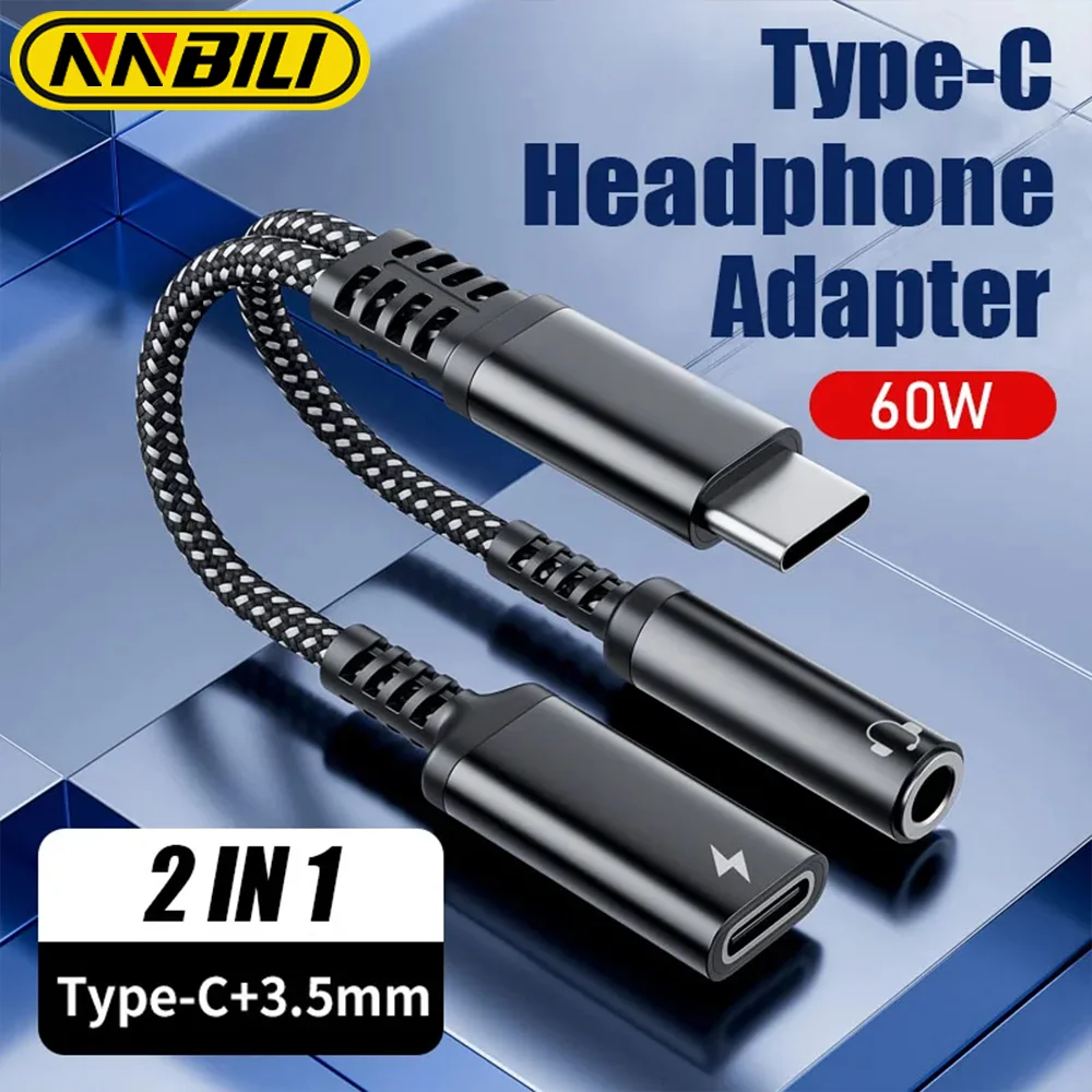 NNBILI 2w1 1w1 USB typu C do 3,5 mm Adapter gniazda słuchawkowego Audio Aux PD 60W Kabel do szybkiego ładowania iPhone 15 Samsung Xiaomi