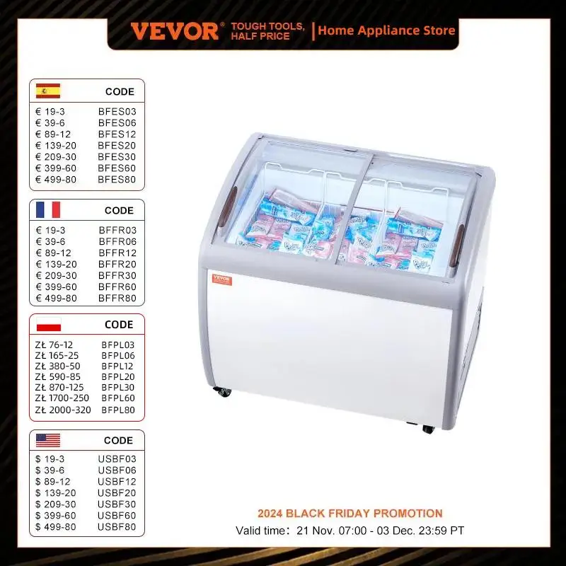 VEVOR Commercial Ice Cream Display Case,9.3 Cu.ft Chest Freezer, Mobile Glass Top Deep Freezer,Restaurant Gelato Dipping Cabinet