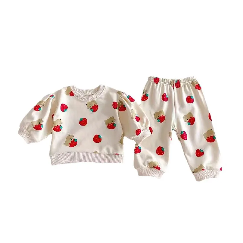 2024 Autumn New Korean Style Girls\' Set: Cute Strawberry Bear Printed Long Sleeve Sweatshirt Two-Piece