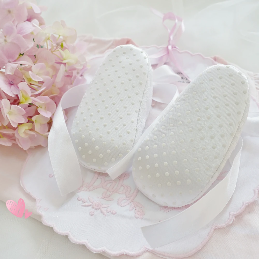 Dollbling White Lace Christening Baby Shoes Perfect Baptism Back Strap Long Tail Ribbon Shoes Ballet Little Girls First Walkers