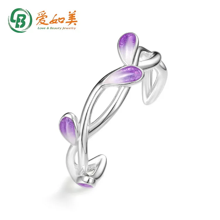 

18K Gold PT950 Platinum Silver Plated 7-layer Gold Floral Ring, Women's Japanese Korean Violet Cold Enamel Ring with Opening