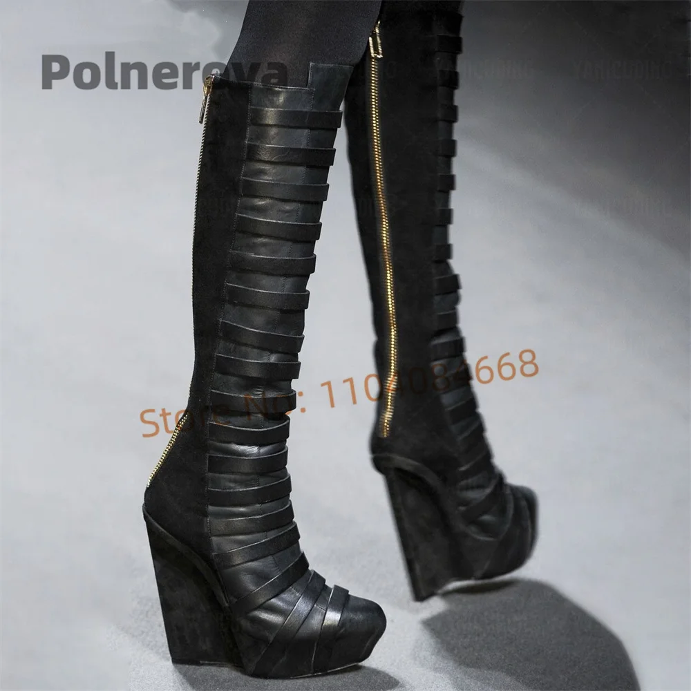 

Black Multiple Straps Wedge Knee High Boots Women Suede Leather Platform Round Toe Back Zipper Boots Fashion Runway Shoes Lady