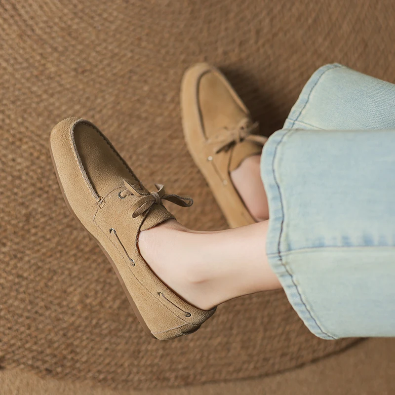 SmallHut 2026 New Trend Cow Suede Women Flats Fashion Ladies Round Toe Lace Up Flat Shoes Apricot Caramel Dark-Brown Light-Brown