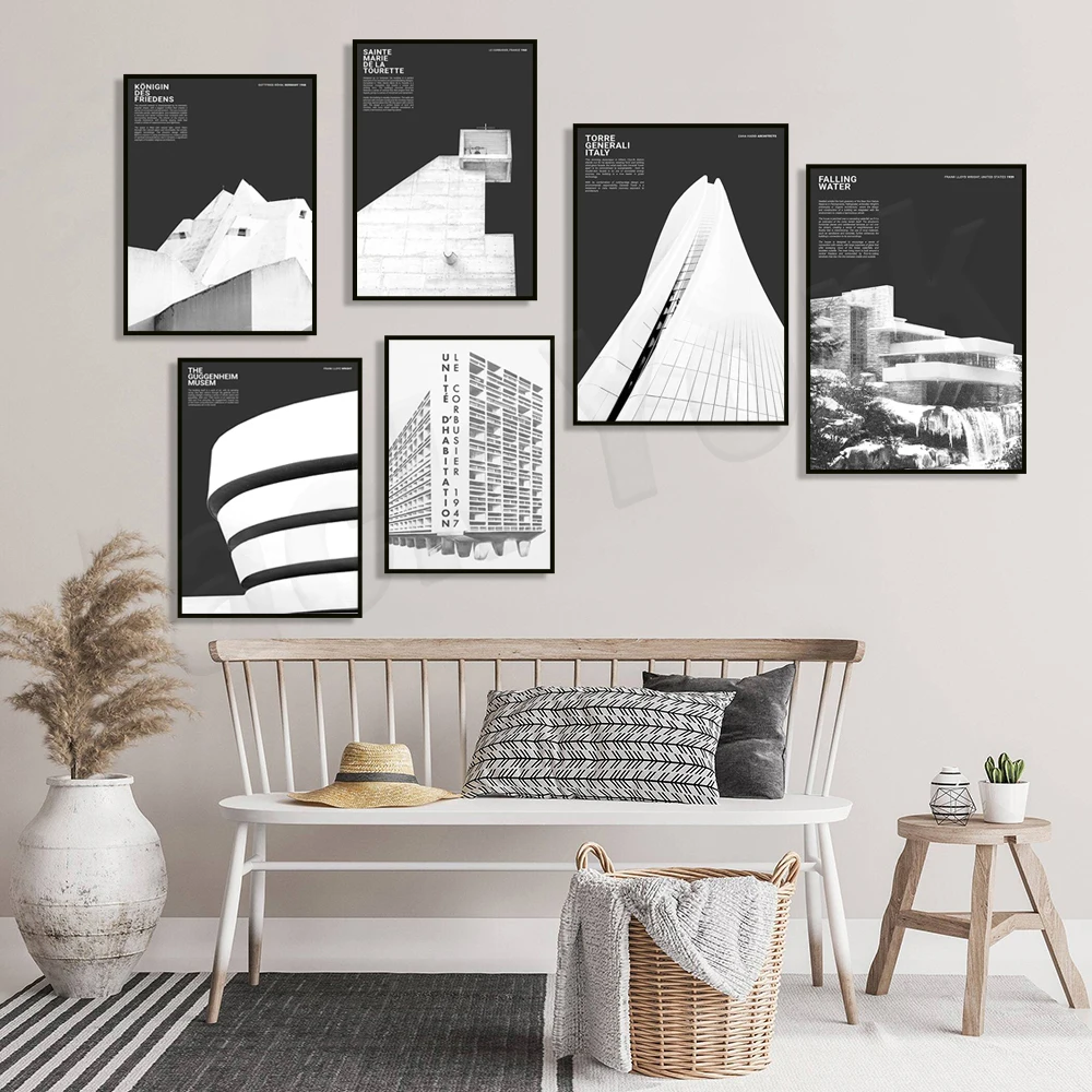 ملصق العمارة الفرنسي السويسري ، ملصق متحف Guggenkirin ، فيلا سافوي ، مكتبة جيسيل ، لودفيغ ميس فان دير روهي