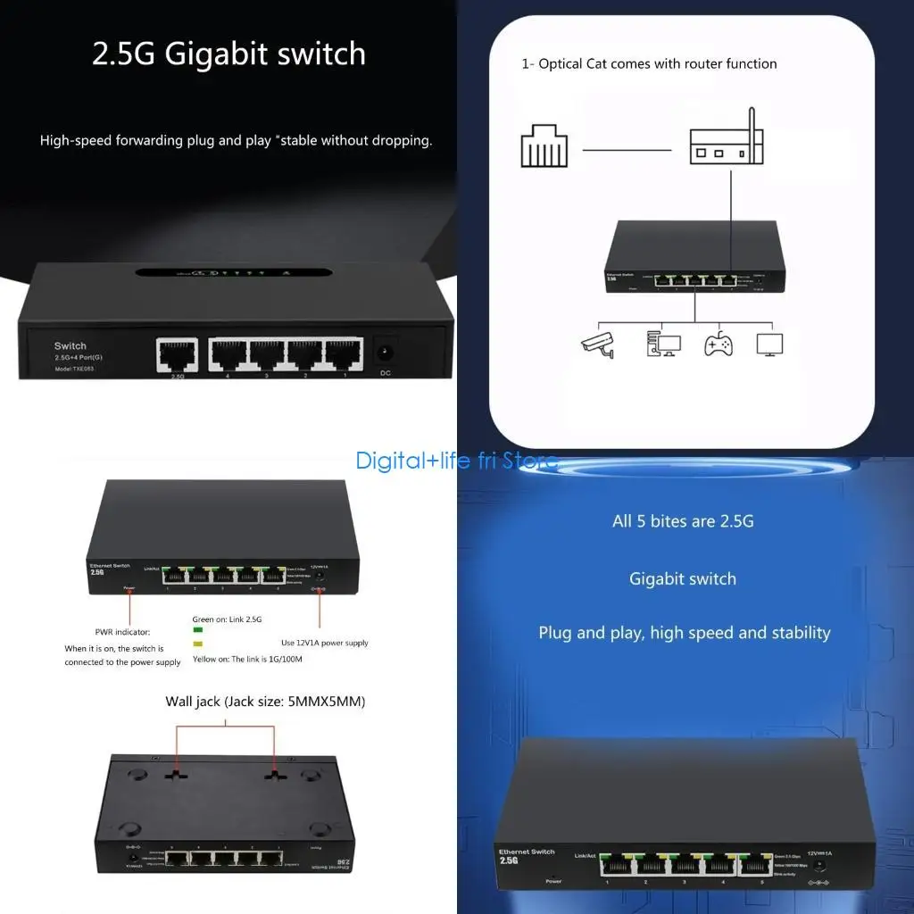 

E06D 5-Port 2.5Ghz Gigabit Desktop Switches Box BufferFree Fast File Transfers and Entertainment LagFree 2.5Ghz HUB