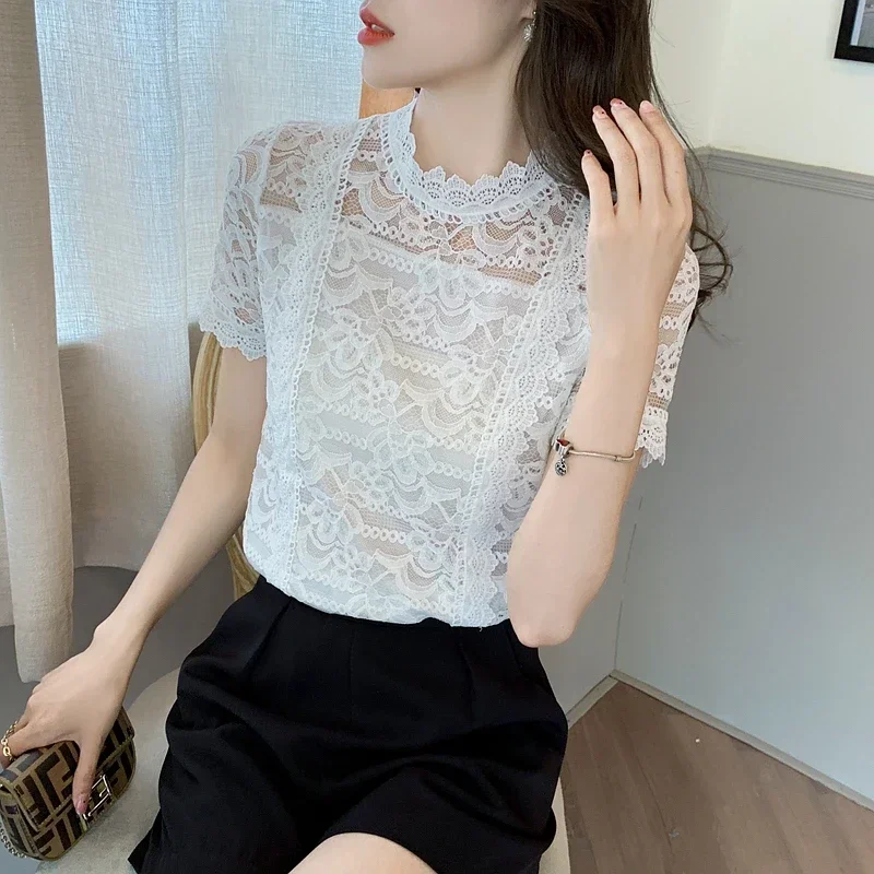 New Fashion Summer Short Sleeve Stand Collar Women Blouse White Lace Blouse Shirt Women Tops Blusas Mujer De Moda 2024 Blusa F51