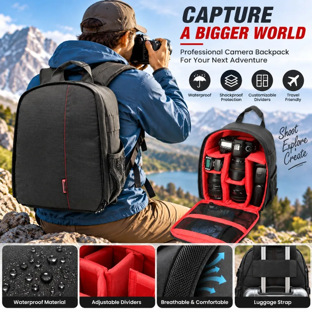 Practical Nylon Camera Backpacks Waterproof Red DSLR Camera Backpack Outdoor Grade Video Camera Backpack Outdoor Travel