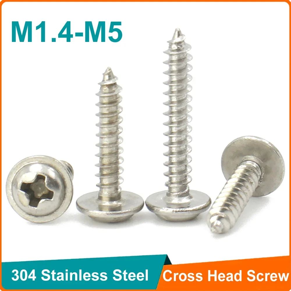 20-100pcs 304 Stainless Steel M1.4 M2 M2.3 M2.6 M3 M3.5 M4 M5 Cross Phillips Pan Round Head W/ Washer Collar Self-tapping Screw