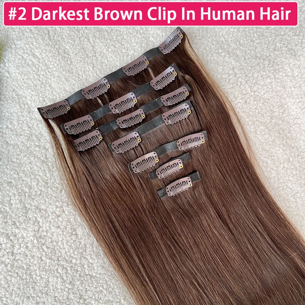 Clip in Hair Extensions Real Human Hair color #2 Chocolate Brown Clip in Hair Extensions 7pcs Hair Extensions for Women