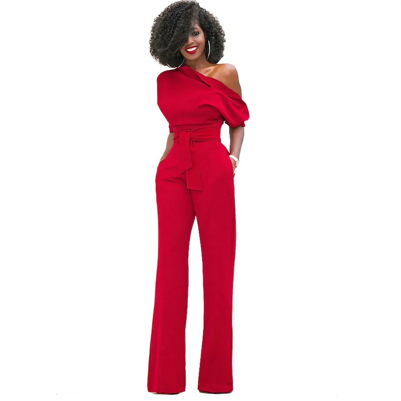 Hot selling European and American classic solid color slanted collar button jumpsuit wide leg pants