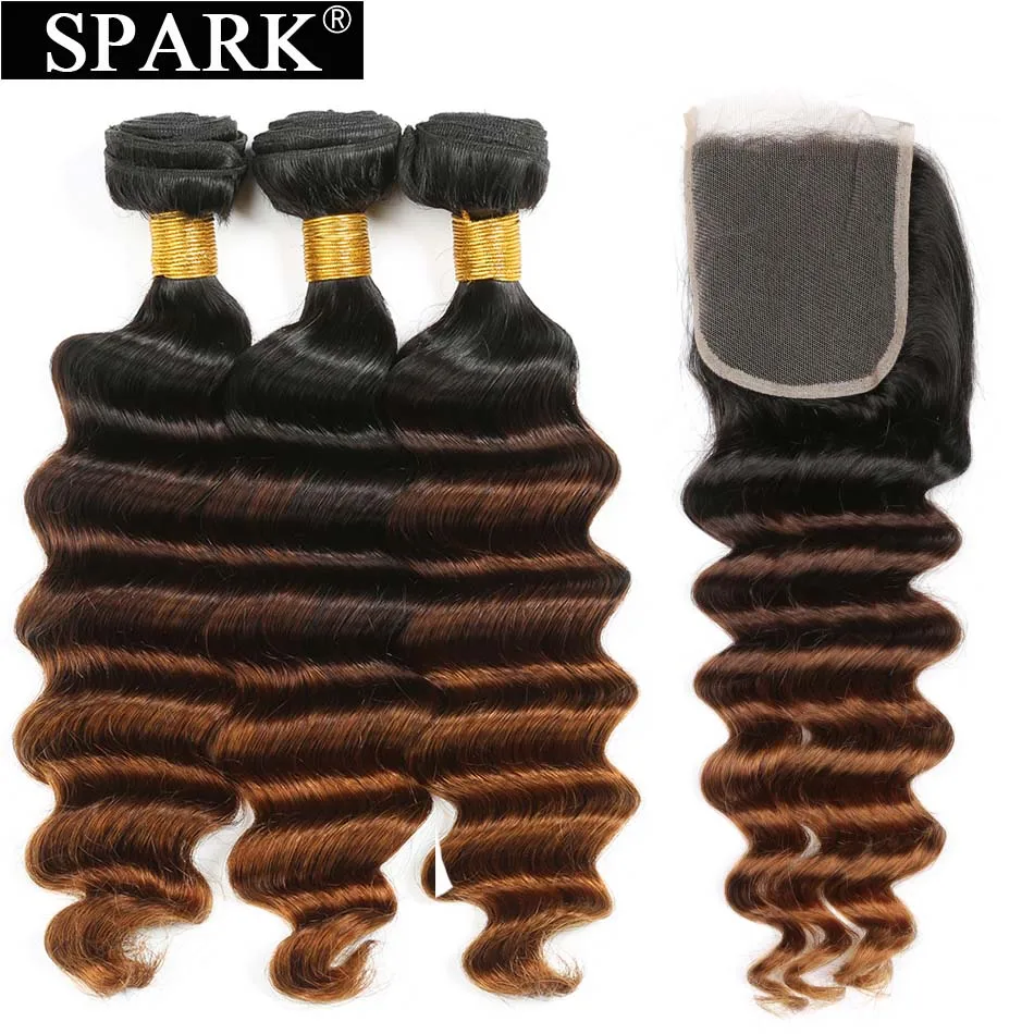 Pacotes de cabelo humano de onda profunda com fecho para mulheres, 3 tons, brasileiro, ombre, marrom, weave, 1b, 4, 30