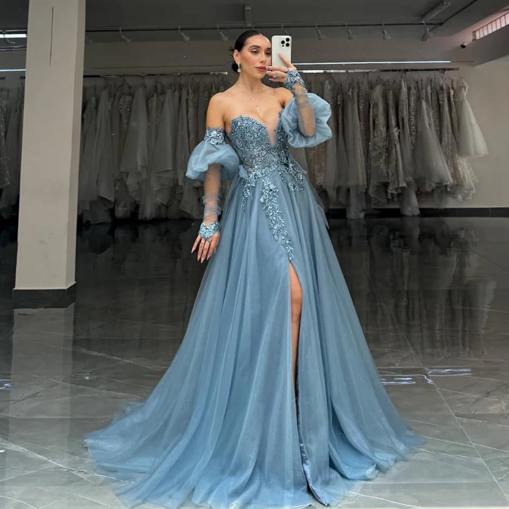 

Customized Sweet Heart A-line Sky Blue Tulle Evening Dress Lace Appliques Half Puff Sleeves Split Floor Length Party Prom Gowns