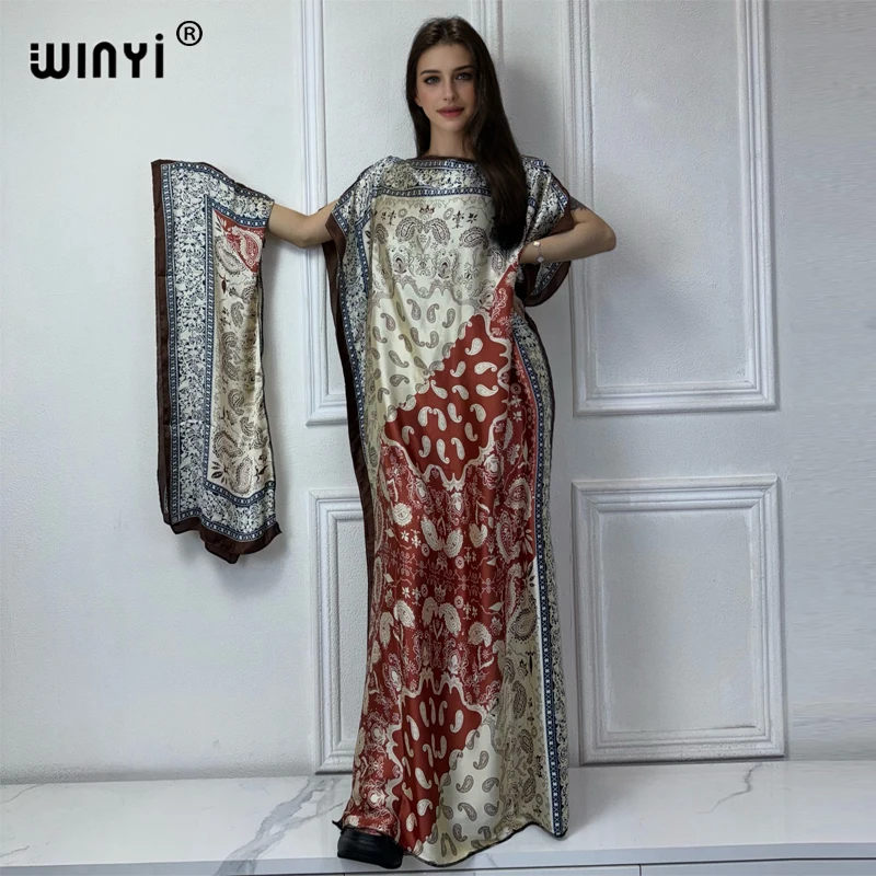 

WINYI 2024 New African Women Dashiki boho print muslim woman dubai Free Size Design With Scarf Maxi Loose African Elegant Dress