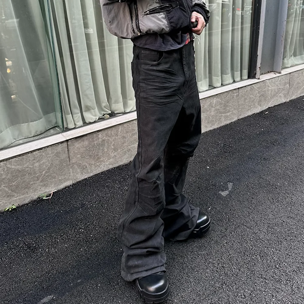 Streetwear Black Glue Coated Boot Cut dla mężczyzn i kobiet Straight Baggy Casual Flare Pants Oversized Loose Denim Trousers