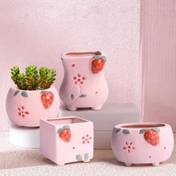 Simplicity Cute Pink Strawberry Pattern Flowerpot Coarse Pottery Succculent Plant Pot Breathable Vase with A Hole Garden Decor