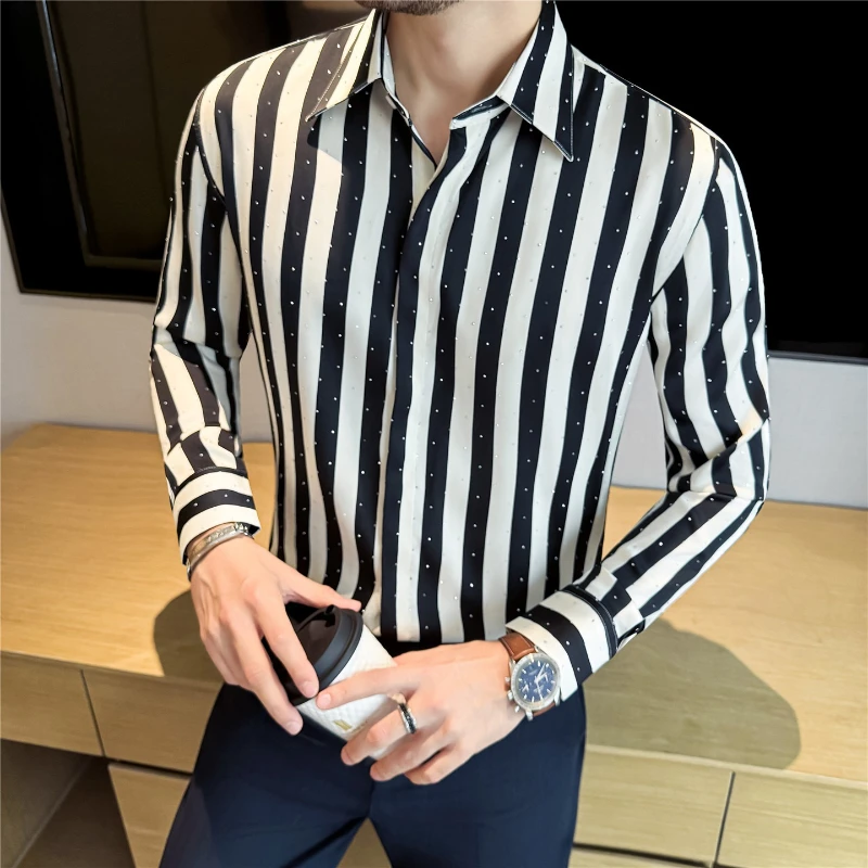 Fashion Hot Diamond Long-sleeved Men Shirt Trendy Street Slim Fit Striped Print Men's Shirts Prom Club Handsome Mens Clothing