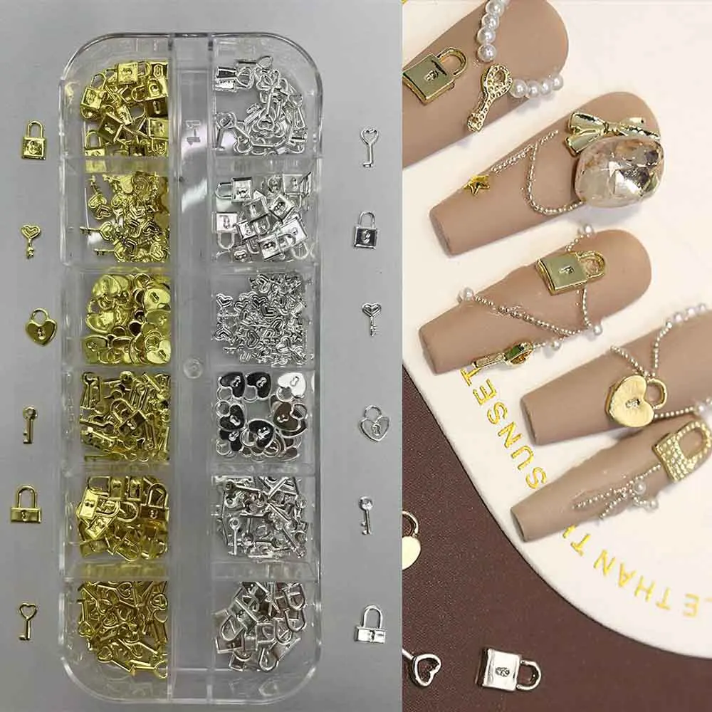 12 Grids Gold Silver Metal Lock Key Nail Charms Love Heart Butterfly Jewelry DIY Decoration Parts Valentine's Manicure Accessori