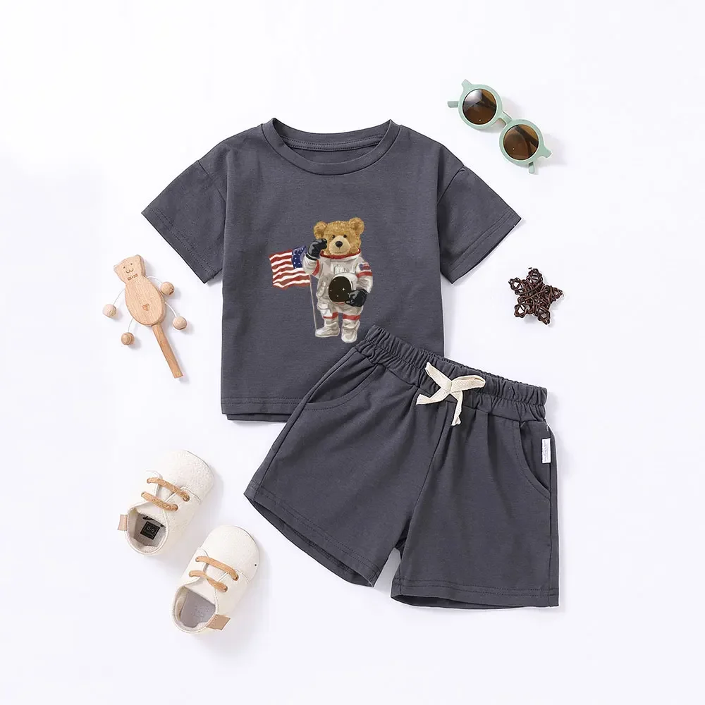 Baby short sleeve shorts set cartoon men\'s and women\'s print summer brown bear moon