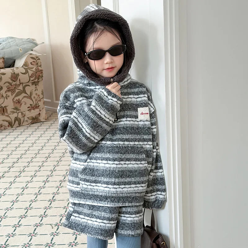 

Toddler Girls Two-piece Set New Winter Striped Jacquard Thicken Warm Kids Girls Hooded Pullovers+elastic Waist Little Girls Pant