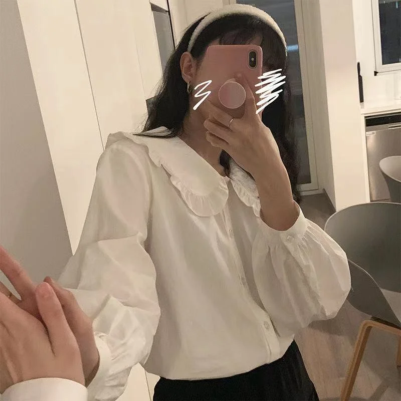 Peter Pan Collar Blouse Women White Apricot Shirt Long Sleeve Sweet Preppy Style Kawaii Chic Basic Tops Korean Japanese Fashion