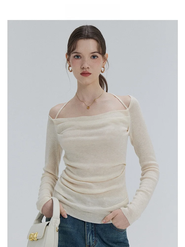 

Eggka Women's Long Sleeve Knitted Sweater One Shoulder Neck Hanging Slim Fit Overhead Top Polyester Fiber Spring 2024