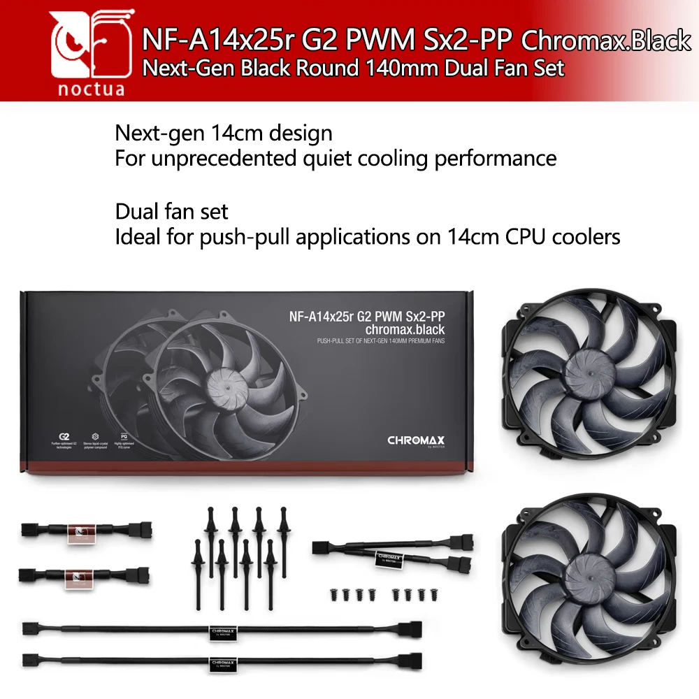 

Noctua NF-A14x25r G2 PWM Sx2-PP Chromax.Black Next-Gen Black Round 140x140x25mm Dual Fan Unprecedented Quiet Cooling Performance