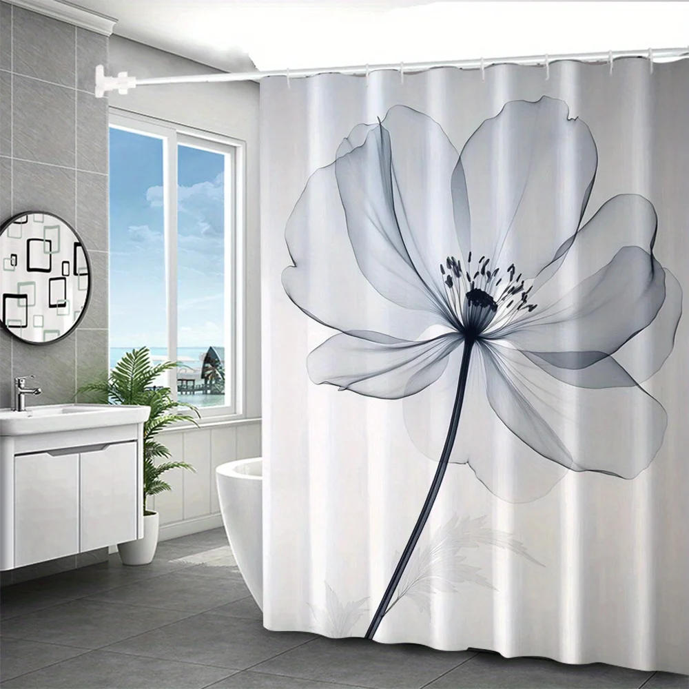 

1 шт., простая занавеска для душа с цветочным узором, полиэфирная ткань, можно стирать в машине, с крючками, подходит для украшения ванной комнаты