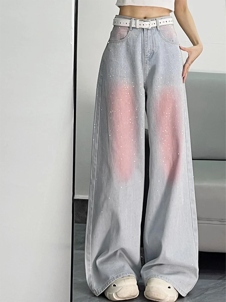 

American Style Rhinestone Jeans Women's Tie Dye Pink Floor Length Denim Pants Fashion High Waisted Loose Straight Leg Trousers