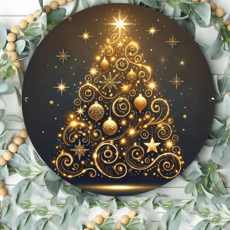 Raumdekoration, 1 Stück, leuchtende Weihnachtsbaum-Folienkunst, rundes Metall-Blechschild, 20,3 x 20,3 cm, festliche Wanddekoration für Bar, Café, Club, Küche
