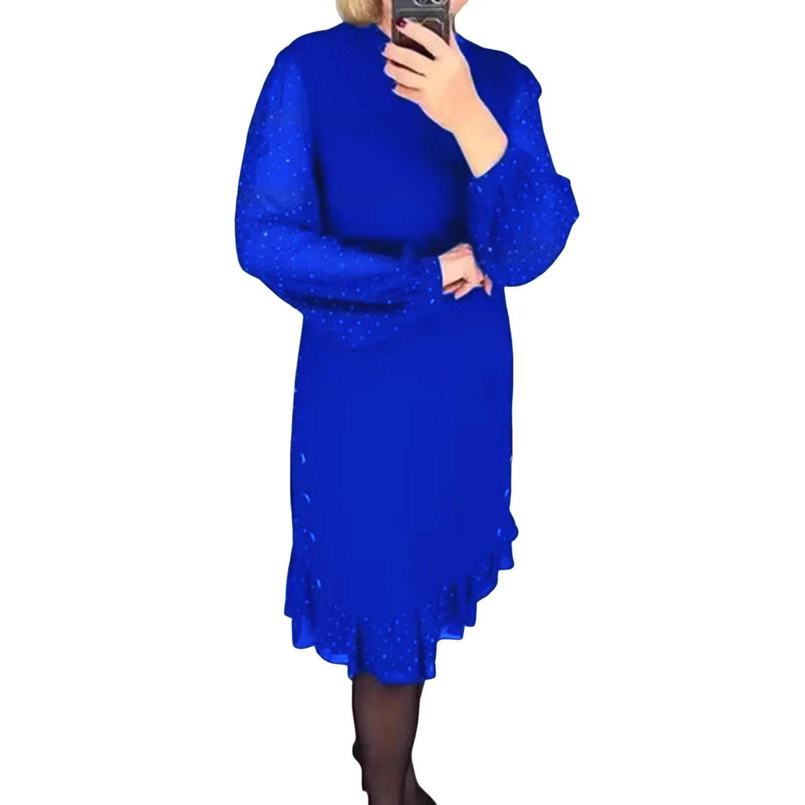 Sukienka z rękawami balonowymi w kropki Sukienka midi z rękawami balonowymi Elegancka sukienka midi do kolan z siateczkowymi rękawami balonowymi z falbaną dla osób w średnim wieku