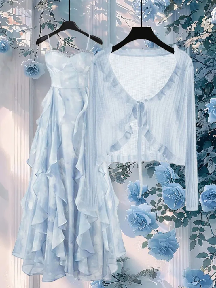 

Summer Long Sleeve Ice Silk Sun Protection Knitted Cardigan+ Elegant Slim Fit Ruffles Camisole Dress Two Piece Sets