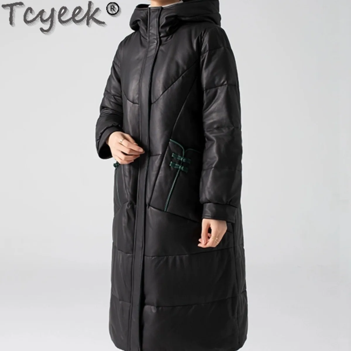 Tcyeek, chaqueta de plumón de cuero genuino para mujer, chaquetas de invierno con plumón de pato blanco, abrigo de piel de oveja auténtica de estilo largo para mujer, ropa con capucha