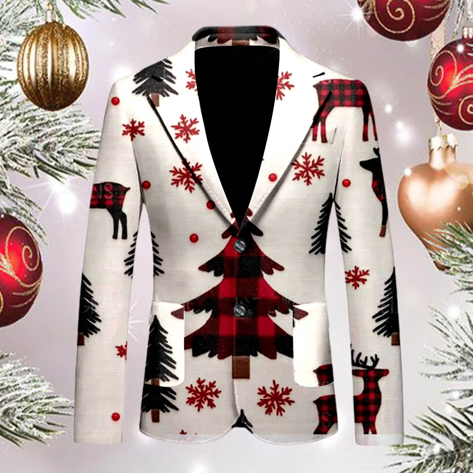 Men\'s Christmas Snowflake Elk Print Blazer Jackets With Pocket Elegant Slim One Button Suit Coat Plus Size Party Outwears