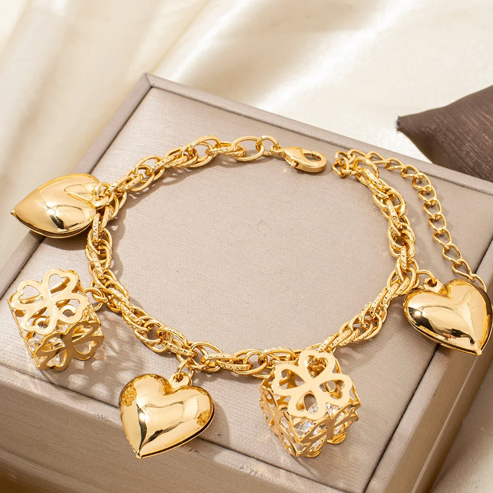 Punk-Armband aus Edelstahl mit dickem Band und herzförmigem Glücksbräunchen-Anhänger, Geburtstags- und Weihnachtsschmuckgeschenk – Detail 4