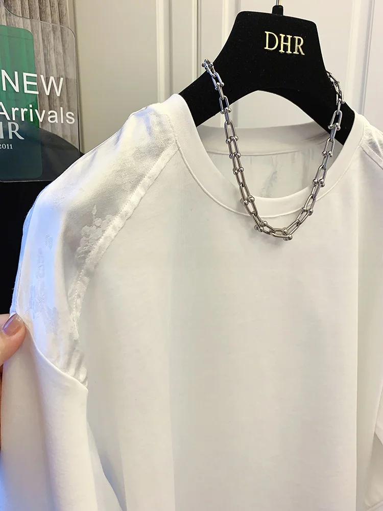 قميص نسائي فضفاض كبير الحجم 300 بو، بتطريز صيني جديد ورقعات، بأكمام طويلة، قطن نقي بلون واحد للربيع