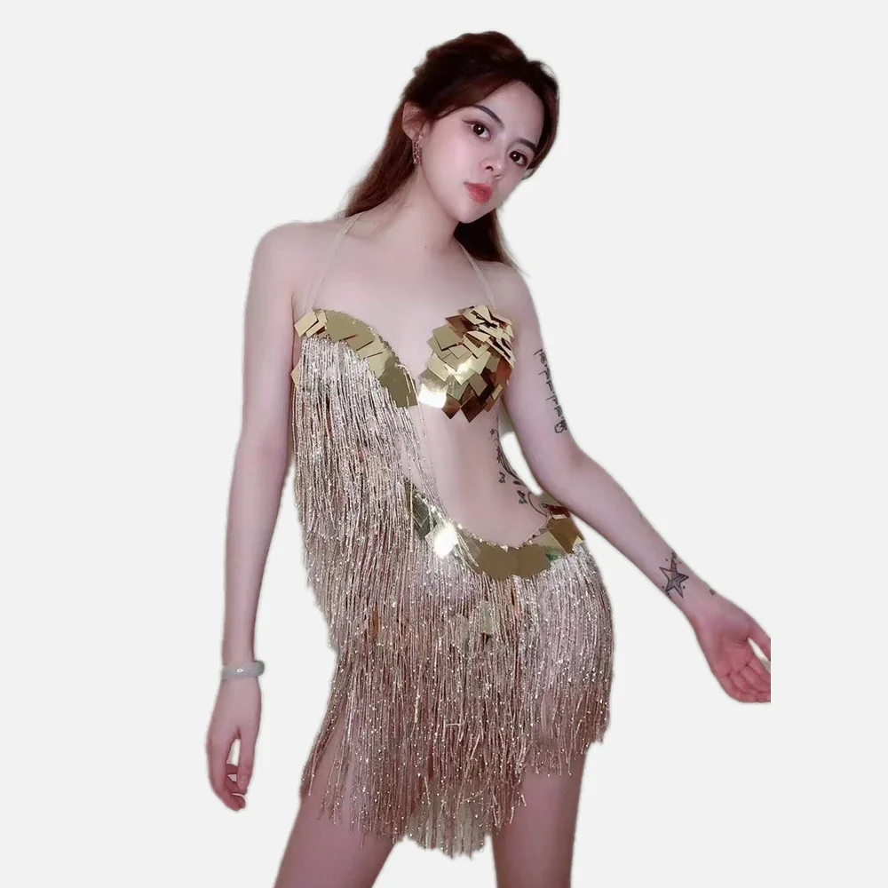 

Halter Hollow Out Belt Backless Gold Shining Mirror Sequins Tassel Sexy Women Dress Pole Prom Nightclub DJ Wear Stage Costume