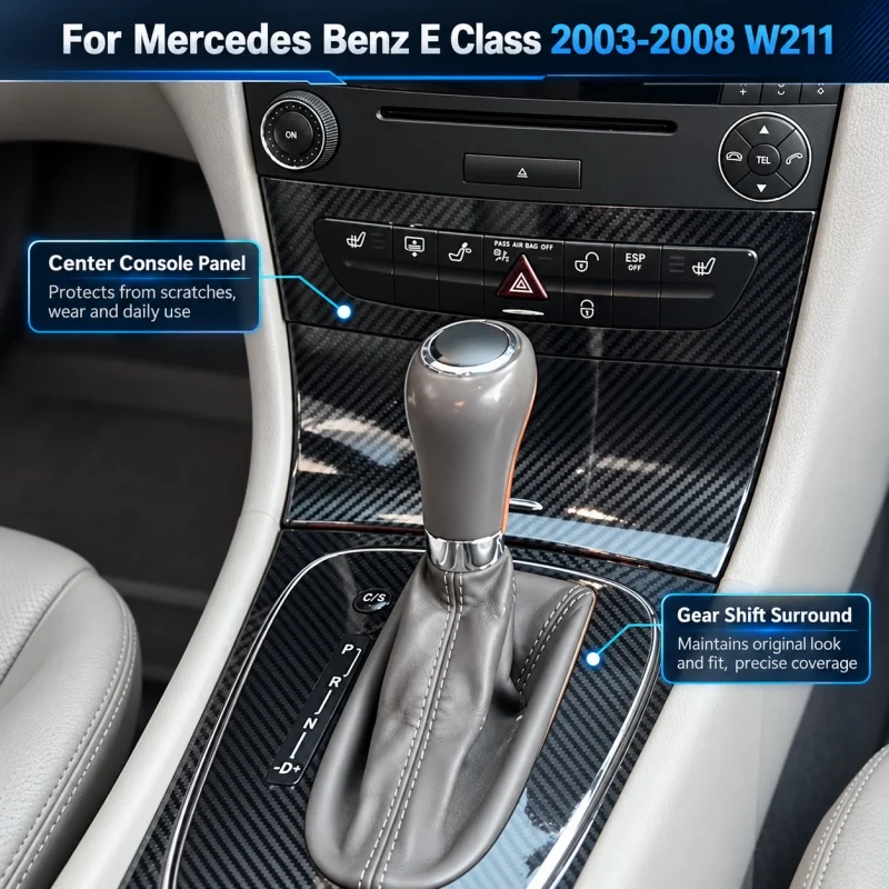 Dashboard Air Door Handle Lift Panel Carbon Fiber Protective Film Center Console Gear For Mercedes Benz E Class W211 2003-2008
