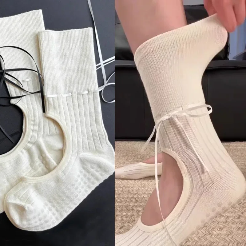 Fashion Women Yoga Socks Ribbons Exposed Instep Calf Socks Soft Cotton Pilates Training Sock Anti Sliping Fitness Stockings