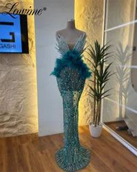 Arabic Feathers Full Beaded Party Dress For Weddings 2024 Green Crystals Prom Dresses Robes De Soirée Customized Evening Gowns