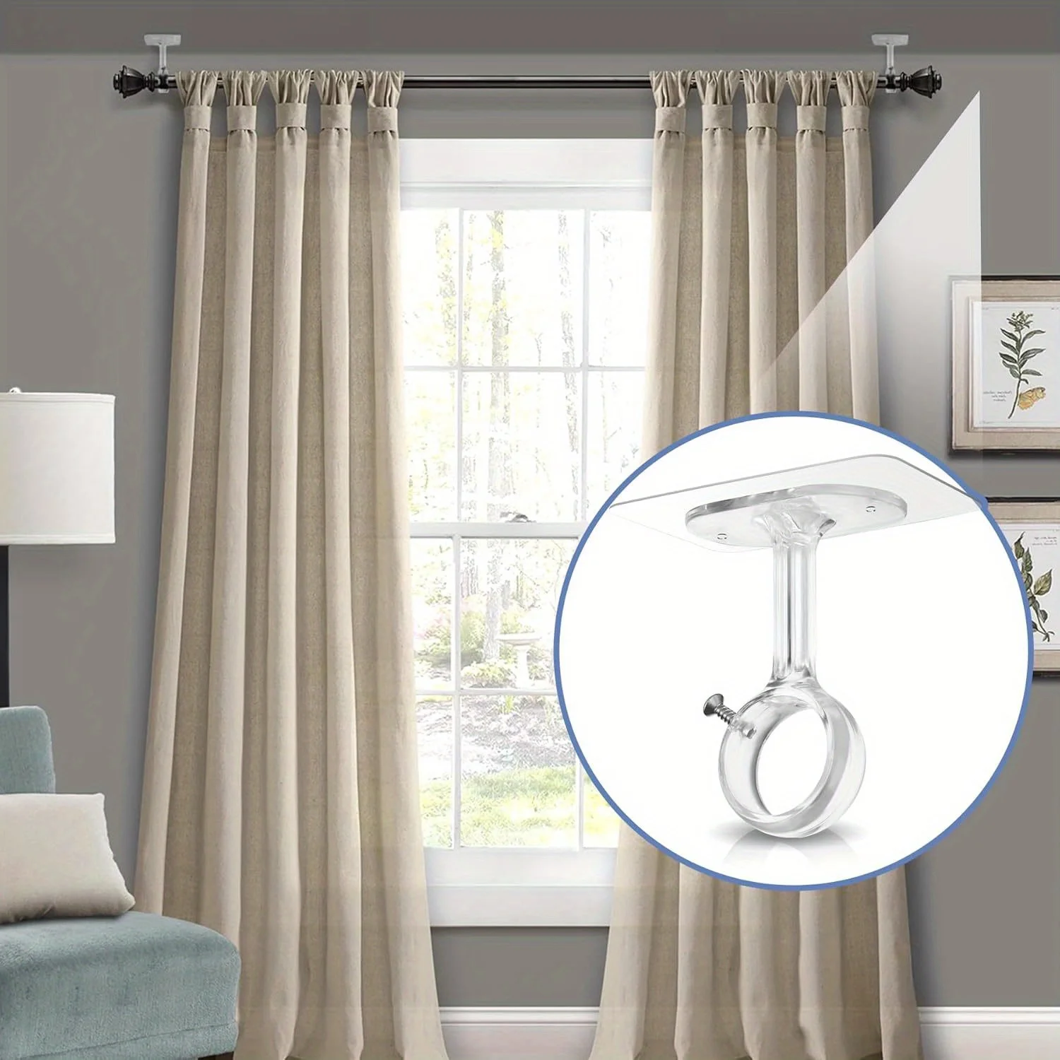 2Pcs Heavy Duty Self Adhesive Ceiling Curtain Rod Bracket  No Drill Height Adjustable 1.2 Inch Diameter Pole Support