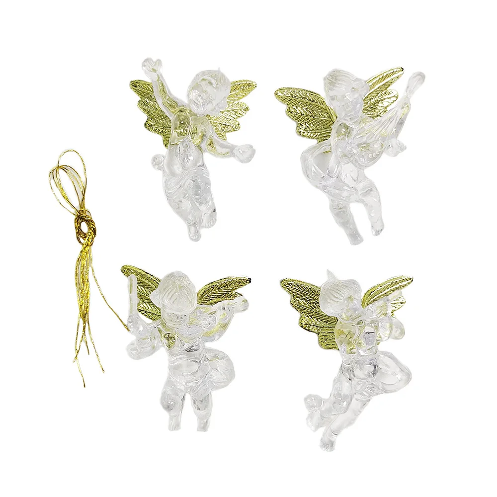 Anjo pingente transparente com asas de ouro, ornamento de Natal, presente da decoração do Natal, 4pcs, 2024