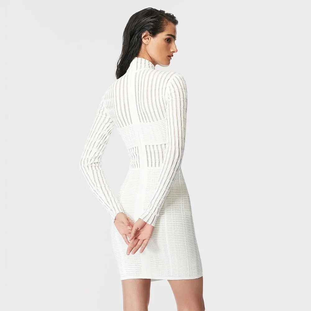 DEIVE TEGER 2024 New Women\'s Sexy Patchwork Mesh Tight Long Sleeve Mini Bandage Dress Elegant Celebrity Party Dress