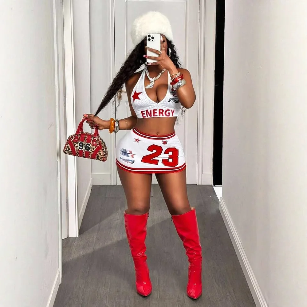 2025 neue Sommer Sexy Hot Girl Neckholder Top Strand Strap Design Kurzen Rock Anzug für Frauen 2 Stück Sets frauen Outfits
