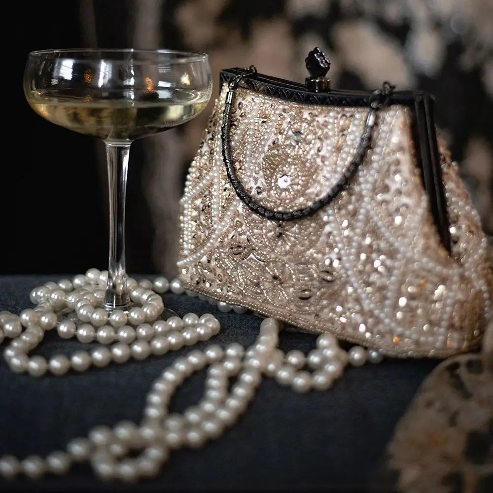 Lost in Vintage Glitter Rhinestones koraliki wieczorowa kopertówka metalowa rama pocałunek blokada z odpinanym długim torba na łańcuszku formalna strona