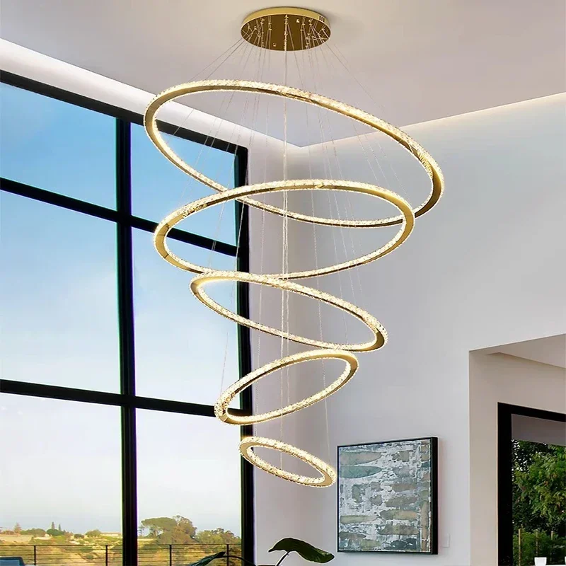 

Modern Staircase Rings Crystal Chandeliers Design Lustre Villa Lobby Luxury LED Ceiling Chandelier Pendant kitchen accessories