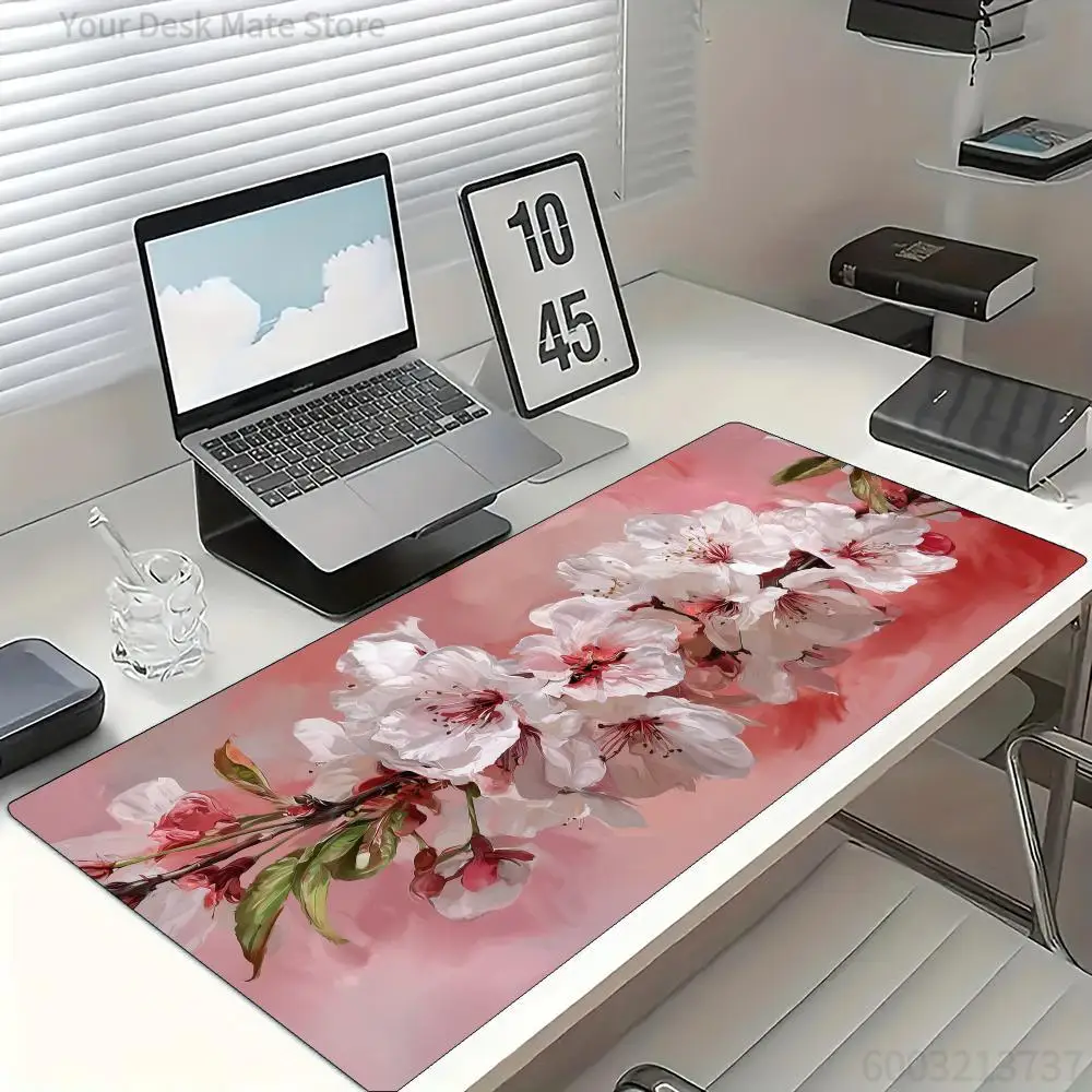 Mauspad im Ölgemälde-Stil mit Kirschblüten, großes, rutschfestes Schreibtischzubehör aus Gummi, Mauspad für Büro und Gamer, Tastatur-Dekorationsmatte