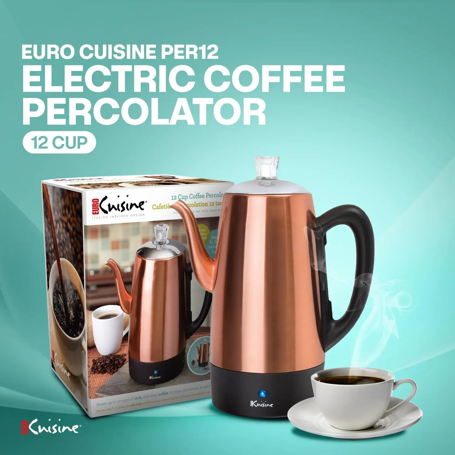 دورق قهوة كهربائي من الفولاذ المقاوم للصدأ PER12، 12 كوب، لمسة نهائية من النحاس المصقول، فوهة معقوفة بدون قطرات، مقبض زجاجي شفاف، Br